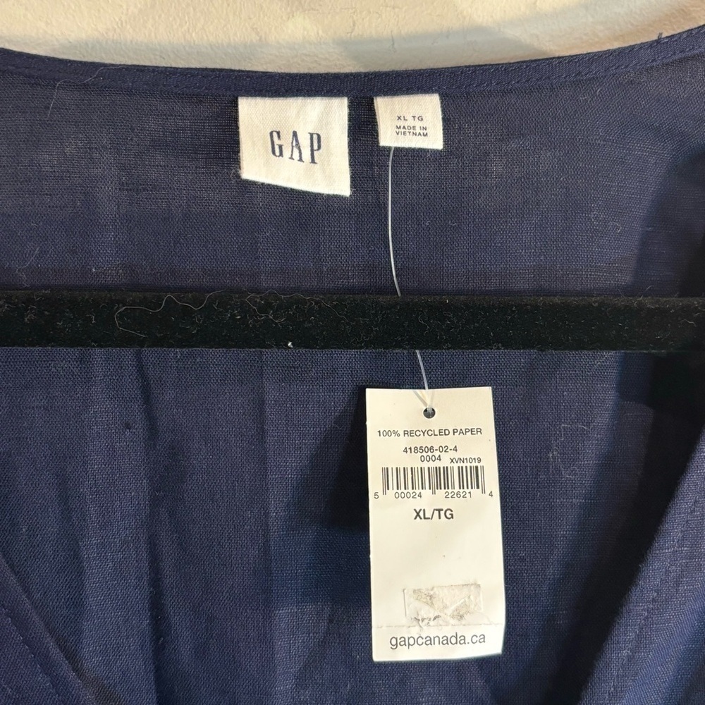 GAP Sz XL Mini Wrap Dress Linen Blend Ruffle Hem Short Sleeve NEW WITH TAG Navy - Picture 3 of 9